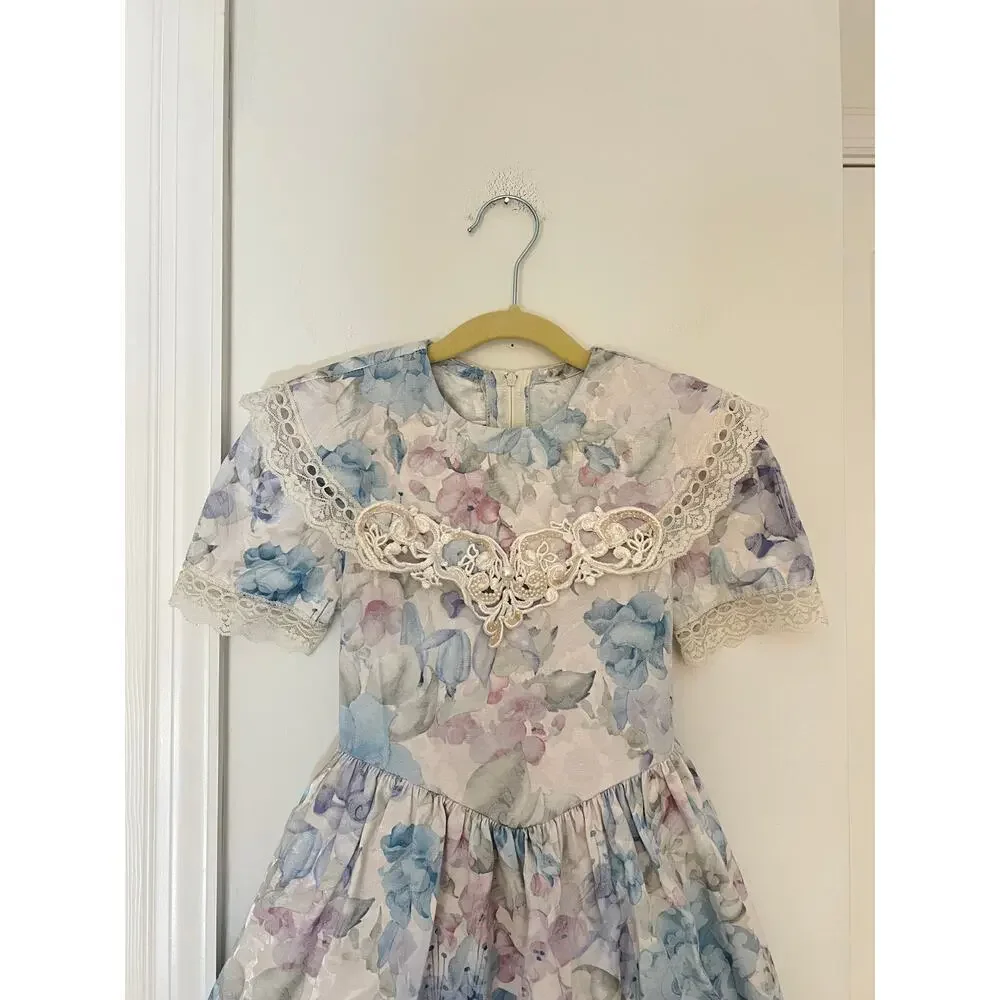 80s Vintage Jessica McClintock Girl's Pastel Floral Special Occassion Dress